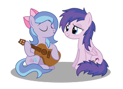 Size: 1674x1215 | Tagged: safe, artist:dragonchaser123, oc, oc only, oc:mary medley, oc:purple roselyn, pegasus, pony, blushing, duo, duo female, eyes closed, female, folded wings, guitar, hoof hold, lesbian, looking at someone, mare, musical instrument, open mouth, pegasus oc, shadow, show accurate, simple background, sitting, smiling, tail, transparent background, two toned mane, two toned tail, vector, wings