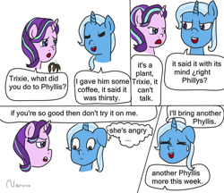 Size: 1024x884 | Tagged: safe, artist:wrath-marionphauna, phyllis, starlight glimmer, trixie, g4, comic, dialogue, english, simple background, white background