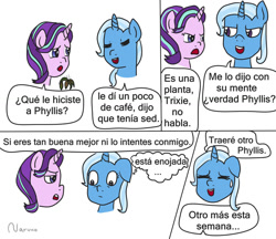 Size: 1024x884 | Tagged: safe, artist:wrath-marionphauna, phyllis, starlight glimmer, trixie, g4, comic, simple background, spanish, translation, white background