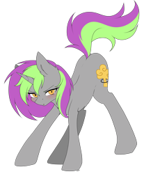 Size: 3511x4234 | Tagged: safe, artist:torihime, oc, oc only, oc:frenzy nuke, pony, unicorn, ass up, blushing, collar, looking at you, raised tail, simple background, solo, tail, transparent background