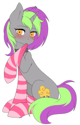 Size: 2966x4635 | Tagged: safe, artist:torihime, oc, oc only, oc:frenzy nuke, pony, unicorn, biting, blushing, clothes, collar, female, looking at you, mare, simple background, socks, solo, stockings, striped socks, thigh highs, transparent background