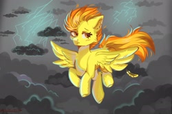 Size: 2048x1363 | Tagged: safe, artist:arllistar, spitfire, pegasus, pony, g4, cloud, feather, female, flying, frown, lightning, mare, sad, solo, storm, stormcloud