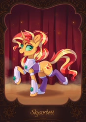 Size: 1431x2048 | Tagged: safe, artist:skysorbett, sunset shimmer, pony, unicorn, g4, alternate hairstyle, boots, clothes, collaboration, cosplay, costume, crossover, cute, dc comics, female, jewelry, mare, open mouth, raised hoof, raised leg, regalia, shimmerbetes, shoes, solo, starfire, sunset cosplay flashmob, teen titans