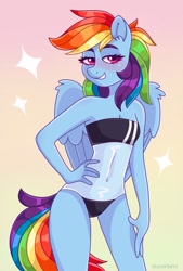 Size: 692x1024 | Tagged: safe, artist:skysorbett, rainbow dash, pegasus, anthro, g4, belly button, blushing, clothes, cute, dashabetes, delicious flat chest, female, grin, gris swimsuit, one-piece swimsuit, rainbow flat, see-through, smiling, solo, swimsuit