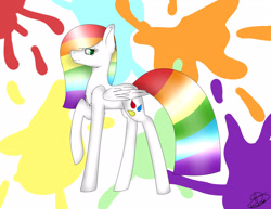 Size: 2788x2151 | Tagged: safe, artist:maneblue, oc, oc only, pegasus, pony, abstract background, high res, multicolored hair, pegasus oc, rainbow hair, raised hoof, signature, solo, wings