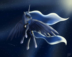 Size: 2767x2167 | Tagged: safe, artist:maneblue, princess luna, alicorn, pony, g4, ethereal mane, female, high res, hoof shoes, looking back, mare, night, peytral, signature, solo, starry mane, stars