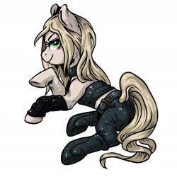 Size: 1310x1310 | Tagged: safe, artist:porcelanowyokular, earth pony, pony, choker, clothes, devil may cry 5, female, mare, pants, ponified, simple background, solo, trish (devil may cry), white background