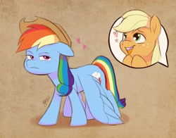 Size: 4096x3207 | Tagged: safe, artist:haruh_ink, applejack, rainbow dash, earth pony, pegasus, pony, g4, accessory swap, alternate hairstyle, applejack's hat, cowboy hat, duo, female, floating heart, floppy ears, hat, heart, lesbian, mane swap, open mouth, open smile, rainbow dash is not amused, ship:appledash, shipping, smiling, unamused, wings, wings down