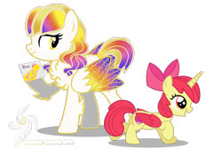 Size: 1700x1200 | Tagged: safe, artist:galeemlightseraphim, apple bloom, oc, oc:galeem light, alicorn, pony, g4, alicornified, base used, chest fluff, duo, ethereal mane, eyelashes, female, filly, foal, hoof hold, mare, race swap, simple background, smiling, starry mane, starry wings, the cmc's cutie marks, transparent background, wings