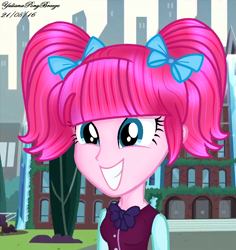 Size: 798x846 | Tagged: safe, artist:yulianapie26, pinkie pie, equestria girls, g4, alternate hairstyle, base used, bust, clothes, clothes swap, crystal prep academy uniform, eyelashes, female, grin, outdoors, pigtails, school uniform, smiling, solo