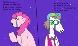 Size: 1280x769 | Tagged: safe, artist:cominike, pinkie pie, earth pony, horse, pony, anthro, g4, aeroplanes and meteor showers, crossover, crossover shipping, crying, female, italobrothers, male, mare, meme, party horse, regular show, shipping, shipping fuel, singing, song reference, stars, straight
