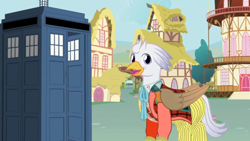 Size: 1280x720 | Tagged: safe, artist:mlp-silver-quill, oc, oc:silver quill, after the fact, after the fact:testing testing 1 2 3, doctor who, ponyville, tardis, the explosion in a rainbow factory, town hall