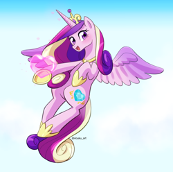Size: 1160x1151 | Tagged: safe, artist:riouku, princess cadance, alicorn, pony, blushing, cloud, crown, cute, cutedance, female, flying, heart, hoof shoes, jewelry, mare, open mouth, regalia, sky, solo