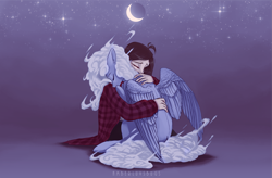 Size: 2539x1670 | Tagged: safe, artist:amberluvsbugs, oc, oc only, oc:comfy pillow, human, pegasus, clothes, crying, eyes closed, hug, moon, simple background, stars