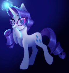 Size: 1583x1668 | Tagged: safe, artist:carouselunique, rarity, pony, unicorn, g4, cute, glasses, glowing, glowing horn, horn, looking at you, raised leg, raribetes, rarity's glasses, smiling, solo