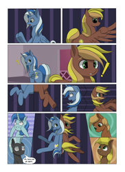 Size: 2904x4000 | Tagged: safe, artist:palibrik, oc, oc:gusty guide, oc:shocker streak, alicorn, earth pony, pegasus, pony, unicorn, comic:securing a sentinel, alicorn oc, butt, carousel boutique, comic, commissioner:bigonionbean, cutie mark, dialogue, drunk, flank, forced, fusion, fusion:compass star, fusion:evening star, fusion:party favor, fusion:thunderlane, high res, horn, magic, male, offscreen character, plot, ponyville, potion, sequence, shocked, shocked expression, stallion, stretching, surprised, tail, wings