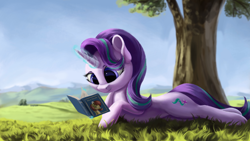 Size: 4000x2250 | Tagged: safe, artist:flusanix, starlight glimmer, oc, oc:cream crackers, pony, unicorn, g4, book, cute, detailed background, female, glimmerbetes, grass, high res, lying down, magic, mare, prone, reading, reformed starlight, scenery, solo, squee, stupid sexy starlight glimmer, telekinesis, tree, under the tree