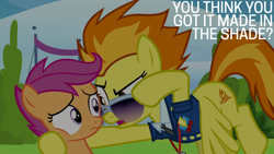 Size: 1280x720 | Tagged: safe, edit, edited screencap, editor:quoterific, screencap, scootaloo, spitfire, pegasus, pony, g4, season 8, the washouts (episode), clothes, drill sergeant, duo, female, filly, flying, foal, mare, necktie, open mouth, spitfire's tie, suit, sunglasses, text, uniform, wonderbolts dress uniform