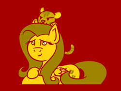 Size: 1800x1350 | Tagged: safe, artist:flutterluv, fluttershy, big cat, pegasus, pony, tiger, g4, chinese new year, cute, female, lidded eyes, limited palette, looking up, lunar new year, lying down, mare, prone, red background, shyabetes, simple background, smiling, solo, year of the tiger