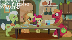 Size: 1280x720 | Tagged: safe, edit, edited screencap, editor:quoterific, screencap, apple bloom, applejack, big macintosh, granny smith, earth pony, pony, bloom & gloom, g4, season 5, apple, apple bloom's bow, applejack's hat, bow, cowboy hat, female, filly, foal, food, hair bow, hat, male, mare, open mouth, open smile, pancakes, smiling, stallion