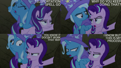 Size: 1280x720 | Tagged: safe, edit, edited screencap, editor:quoterific, screencap, starlight glimmer, trixie, pony, unicorn, g4, season 7, to change a changeling, brooch, cape, clothes, duo, eyes closed, female, hat, jewelry, mare, open mouth, trixie's brooch, trixie's cape, trixie's hat