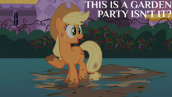 Size: 1280x720 | Tagged: safe, edit, edited screencap, editor:quoterific, screencap, applejack, earth pony, pony, g4, season 2, sweet and elite, applejack's hat, cowboy hat, female, hat, literal minded, mare, mud, open mouth, open smile, silly, silly pony, smiling, solo, who's a silly pony