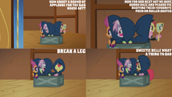 Size: 1280x720 | Tagged: safe, edit, edited screencap, editor:quoterific, screencap, apple bloom, scootaloo, sweetie belle, earth pony, pegasus, pony, unicorn, g4, season 1, the show stoppers, cutie mark crusaders, eyes closed, female, filly, foal, open mouth, open smile, smiling