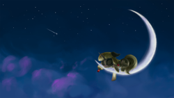 Size: 4000x2250 | Tagged: safe, artist:flusanix, oc, oc only, oc:syl, pony, unicorn, crescent moon, eyes closed, floppy ears, moon, night, shooting star, sleeping, sleeping on moon, solo, tangible heavenly object, transparent moon