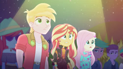 Size: 3410x1920 | Tagged: safe, screencap, big macintosh, fluttershy, sunset shimmer, equestria girls, g4, my little pony equestria girls: better together, the last drop, the last drop: sunset shimmer, female, geode of empathy, high res, magical geodes, male, music festival outfit, night, open mouth