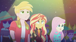 Size: 3410x1920 | Tagged: safe, screencap, big macintosh, fluttershy, sunset shimmer, equestria girls, g4, my little pony equestria girls: better together, the last drop, the last drop: fluttershy, female, geode of empathy, high res, magical geodes, male, music festival outfit, night, open mouth