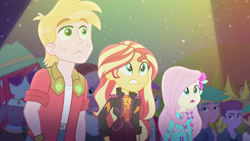 Size: 3410x1920 | Tagged: safe, screencap, big macintosh, fluttershy, sunset shimmer, equestria girls, g4, my little pony equestria girls: better together, the last drop, the last drop: big macintosh, female, geode of empathy, high res, magical geodes, male, music festival outfit, night, open mouth