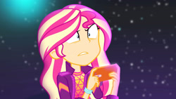 Size: 3410x1920 | Tagged: safe, screencap, sunset shimmer, equestria girls, equestria girls series, g4, the last drop, spoiler:eqg series (season 2), cellphone, faic, female, high res, music festival outfit, night, open mouth, phone, shrunken pupils, smartphone, solo, the last drop: sunset shimmer