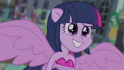 Size: 3410x1920 | Tagged: safe, screencap, twilight sparkle, equestria girls, g4, my little pony equestria girls, bare shoulders, blurry background, canterlot high, cute, fall formal outfits, female, grin, high res, male, night, ponied up, sleeveless, smiling, solo focus, spread wings, strapless, twiabetes, twilight ball dress, wings