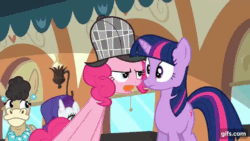 Size: 640x360 | Tagged: safe, screencap, mulia mild, pinkie pie, rarity, twilight sparkle, donkey, earth pony, pony, unicorn, g4, mmmystery on the friendship express, season 2, animated, bubble, bubble pipe, deerstalker, detective, eyes closed, female, friendship express, gif, gifs.com, hair over one eye, hat, mare, open mouth, pipe, sherlock pie, train, unicorn twilight