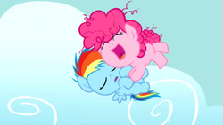 Size: 3410x1920 | Tagged: safe, artist:magpie-pony, pinkie pie, rainbow dash, earth pony, pegasus, pony, g4, ^^, baby, baby dash, baby pie, baby pony, cloud, cute, dashabetes, diapinkes, duo, eyes closed, female, filly, foal, open mouth, open smile, sky, sleeping, smiling, younger, youtube link