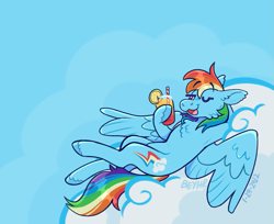 Size: 1181x962 | Tagged: safe, artist:beyhr, rainbow dash, pegasus, pony, g4, armpits, chest fluff, cloud, drink, on a cloud, one eye closed, open mouth, relaxing, solo
