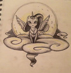 Size: 1455x1499 | Tagged: safe, artist:razledazle, princess luna, alicorn, pony, g4, cloud, female, full moon, mare, moon, on a cloud, peytral, solo, spread wings, traditional art, wings