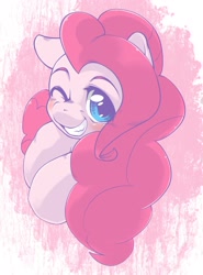 Size: 1343x1817 | Tagged: safe, artist:kurogewapony, pinkie pie, earth pony, pony, g4, abstract background, blushing, cute, diapinkes, female, grin, happy, looking at you, mare, one eye closed, smiling, smiling at you, solo, wink, winking at you