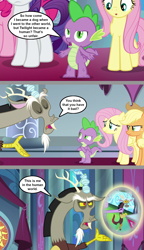 Size: 1136x1974 | Tagged: safe, artist:silverbuller, edit, edited screencap, screencap, applejack, discord, fluttershy, pinkie pie, rarity, spike, draconequus, dragon, earth pony, pegasus, pony, unicorn, g4, perfect day for fun, the ending of the end, applejack's hat, comic, cowboy hat, discord is not amused, duckery in the comments, female, hat, male, mare, open mouth, screencap comic, unamused, winged spike, wings