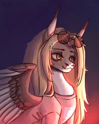 Size: 1728x2160 | Tagged: safe, artist:miurimau, oc, oc only, pegasus, pony, bust, clothes, colored wings, female, mare, pegasus oc, smiling, solo, sunglasses, two toned wings, wings