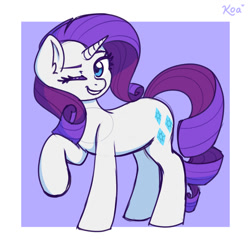 Size: 1500x1500 | Tagged: safe, artist:koapony, rarity, pony, unicorn, g4, abstract background, blue eyes, ear fluff, februpony, female, grin, hooves, horn, looking at you, mare, one eye closed, raised hoof, signature, smiling, smiling at you, solo, standing, tail, wink, winking at you