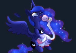 Size: 2048x1431 | Tagged: safe, artist:carouselunique, princess luna, alicorn, bird, goose, pony, g4, blushing, crown, ethereal mane, feather, female, jewelry, mare, nuzzling, one eye closed, regalia, solo, starry mane, starry tail, tail