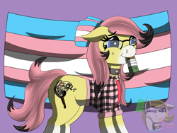 Size: 1600x1200 | Tagged: safe, artist:gray star, derpibooru exclusive, oc, oc only, oc:sunny side(gray star), beauty mark, bow, choker, female, flannel shirt, glasses, hair bow, happy, pills, pride, pride flag, trans female, transgender, transgender oc, transgender pride flag