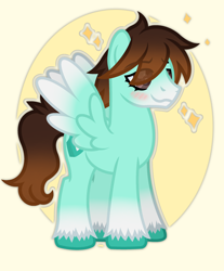 Size: 2548x3082 | Tagged: safe, artist:ponkus, oc, oc only, oc:ky, pegasus, pony, abstract background, blushing, brown mane, brown tail, coat markings, colored wings, cute, eye clipping through hair, eyebrows, eyebrows visible through hair, facial markings, full body, gradient legs, gradient wings, hair over one eye, high res, hooves, male, mealy mouth (coat marking), pegasus oc, socks (coat markings), solo, spread wings, stallion, standing, tail, two toned wings, unshorn fetlocks, wavy mouth, wings, yellow background