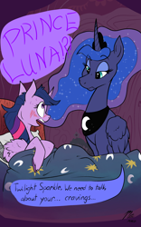Size: 1200x1920 | Tagged: safe, artist:magnificent-arsehole, princess luna, twilight sparkle, alicorn, pony, g4, bed, blushing, comic, crown, dialogue, dream, eyebrows, eyebrows visible through hair, folded wings, frown, golden oaks library, in bed, jewelry, lidded eyes, lying down, on back, open mouth, peytral, regalia, signature, sitting, sweat, twilight sparkle (alicorn), unshorn fetlocks, waking up, wide eyes, wingding eyes, wings