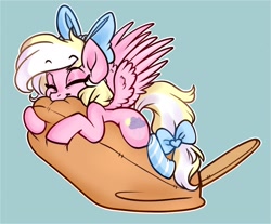 Size: 2048x1693 | Tagged: artist needed, source needed, safe, oc, oc only, oc:bay breeze, pegasus, pony, bow, clothes, corn, corndog, cute, female, food, mare, sausage, snuggling, socks, striped socks