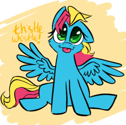 Size: 1280x1268 | Tagged: safe, artist:horse-time-babey, thistle whistle, pegasus, pony, g3, g4, :p, cute, female, g3 to g4, generation leap, mare, one ear down, sitting, solo, thistlebetes, tongue out