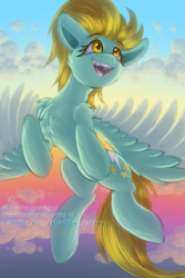 Size: 667x1000 | Tagged: safe, artist:shad0w-galaxy, lightning dust, pegasus, pony, g4, cheek fluff, chest fluff, cute, eyebrows, eyebrows visible through hair, female, fluffy, flying, hooves, mare, open mouth, open smile, patreon, sky, smiling, solo, spread wings, watermark, wings