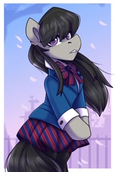 Size: 1500x2250 | Tagged: safe, artist:shadowreindeer, octavia melody, earth pony, semi-anthro, g4, anime, arm hooves, bipedal, clothes, ear fluff, female, hooves, komi can't communicate, komi-san, mare, school uniform, shouko komi, signature, solo, tavi can't communicate