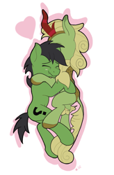 Size: 1239x1884 | Tagged: safe, artist:sefastpone, forest fall, oc, oc:anon stallion, earth pony, kirin, pony, g4, canon x oc, cuddling, digital art, gay, interspecies, larger male, male, simple background, size difference, smaller male, snuggling, stallion